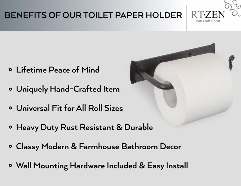 RTZEN Bathroom Toilet Paper Holder - Handcrafted Rustic Wrought Iron Wall Decor Toilet Roll Holder - Black Matte Wall Mount Bar for Modern Farmhouse Bathroom Decor - Image 2